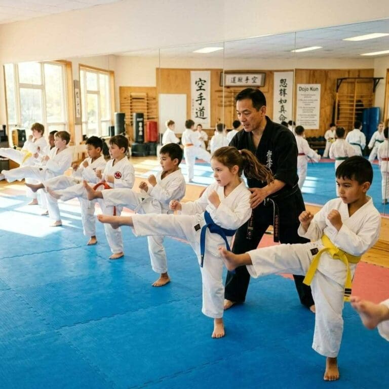 Children practicing kicks with an instructor during a martial arts class focused on kids self defense fundamentals for beginners.